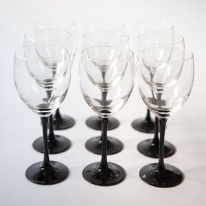 Set of 9 Vintage Luminarc Nocturne Black Stemmed Wine Glasses